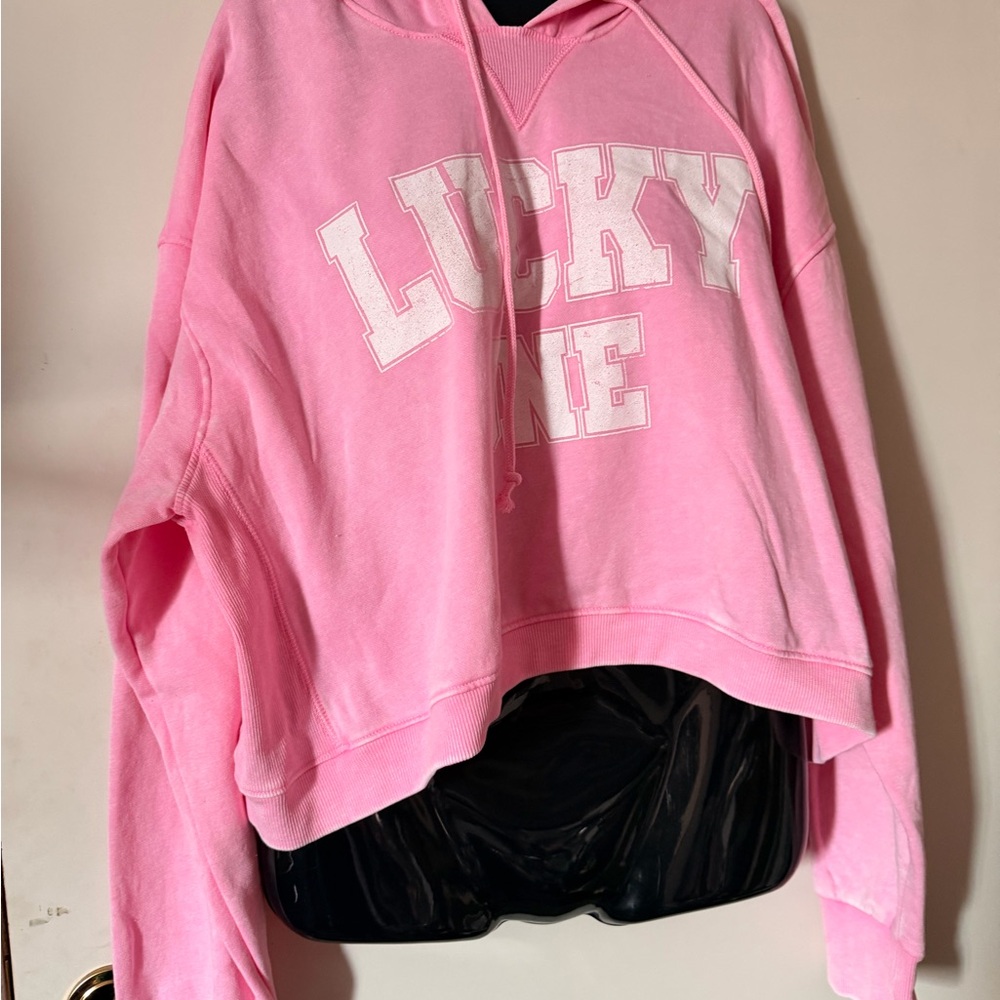 No Boundaries Pink Cropped Hoodie with Collegiate 'LUCKY ME' Print